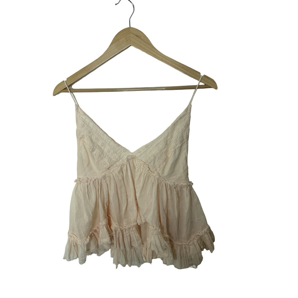 World Together Boho Cami Tank Top Womens Large Blush Pink Lace Trim Ruffle Hem